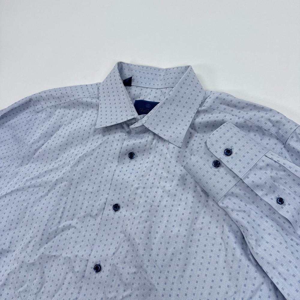 David Donahue Mens Dress Shirt 17 32/33 Blue Trim Fit Luxury Non Iron Button Up